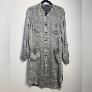 GRIZAS Silver Gray Linen Silk Blend Long Sleeve Floral Embossed Shirt Dress Sz S